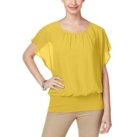 JM Collection Top Womens Sz Large Yellow Flutter-Sleeve Career Scoop Neck Blouse - Picture 1 of 16